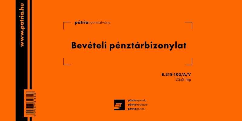 Bevételi pénztárbizonylat B.318-102/A/V 203x102 mm 25x3 lapos Pátria