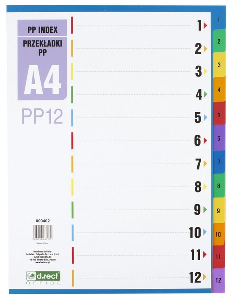 Elválasztólap A/4 1-12, PP d.rect