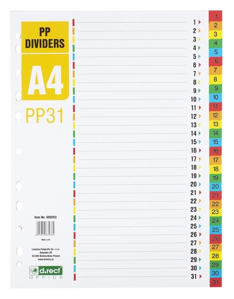 Elválasztólap A/4 1-31, PP d.rect