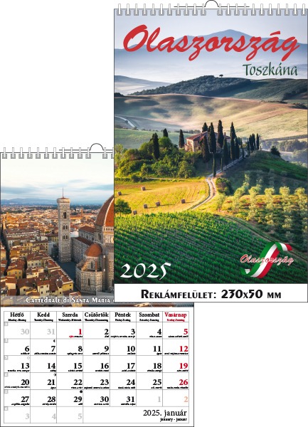 Falinaptár 23x33 cm spirálozott T-Calendar "Olaszország" Toszkána