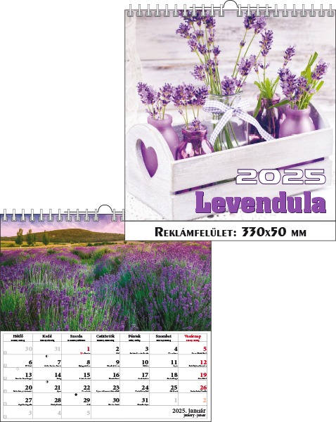 Falinaptár 33x33 cm spirálozott T-Calendar "Levendula"