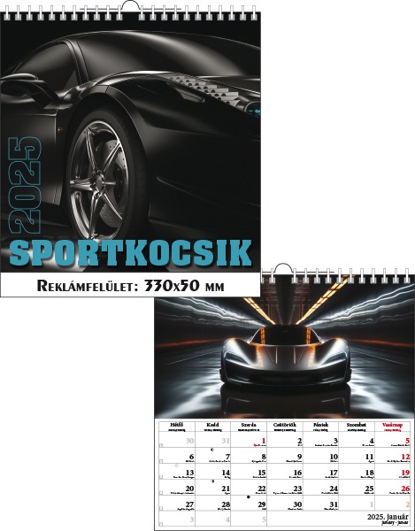 Falinaptár 33x33 cm spirálozott T-Calendar "Sportkocsik"