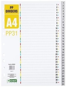 Elválasztólap A/4 1-31, PP d.rect